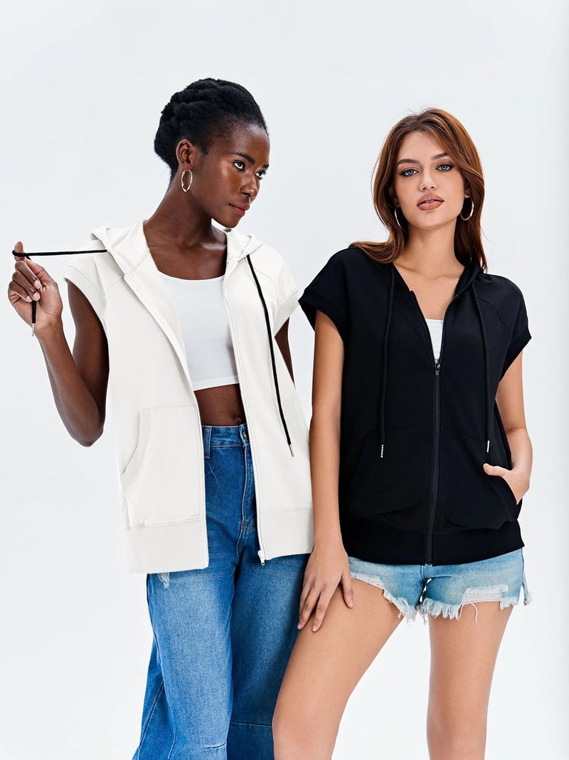 Fisoew Women's Sleeveless Zip Up Hoodies Casual Loose Fit Drawstring Sweatshirts Lightweight Jackets Vest with Pockets - Image 3