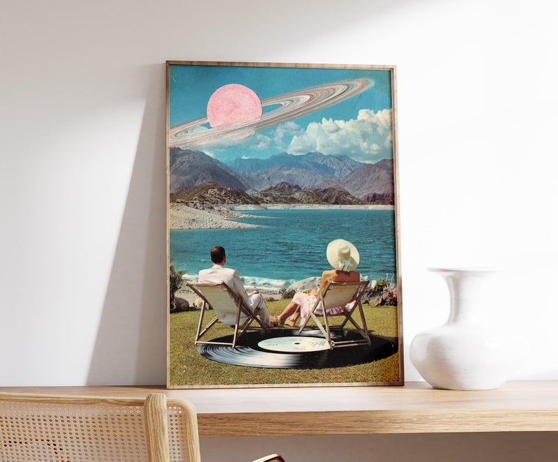TNESSENTIAL Surreal Beach Collage Art Print, Retro Dreamscape Wall Art with Saturn Sky, Vintage Pop Art Poster, Whimsical Cosmic Home Decor - Image 2