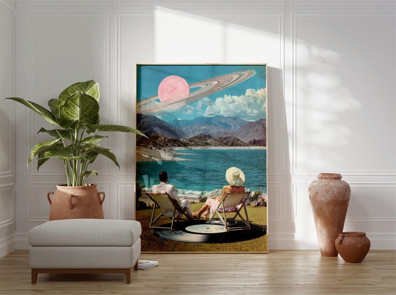 TNESSENTIAL Surreal Beach Collage Art Print, Retro Dreamscape Wall Art with Saturn Sky, Vintage Pop Art Poster, Whimsical Cosmic Home Decor - Image 4