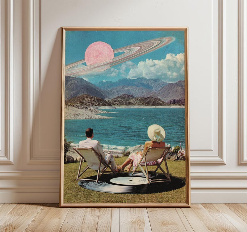 TNESSENTIAL Surreal Beach Collage Art Print, Retro Dreamscape Wall Art with Saturn Sky, Vintage Pop Art Poster, Whimsical Cosmic Home Decor - Image 1