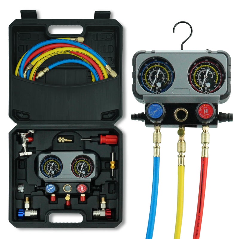 CALPOSE 3 Way AC Gauge SetHVAC Gauges for R134a R410a R12 R22 R502 RefrigerantRefrigerant Gauge Kit with 5FT HosesAntiCollision DialR410a AdapterPuncturing Can Tap