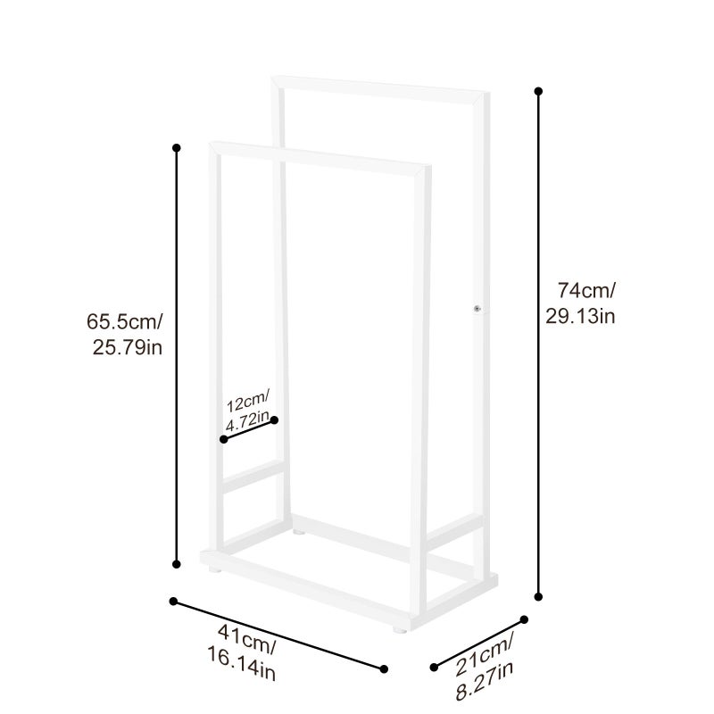 smusei Standing Towel Rail with 2 Towel Rails 2-Tier Bath Towel Holder No Drilling for Bathroom 74 x 21 x 41 cm Towel Rail Holder - Matte White - Image 2
