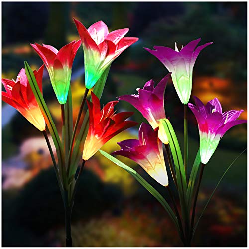 TONULAX Solar Lights Outdoor - Upgraded Garden Light, Multi-Color Changing Lily Solar Flower Lights for Patio,Yard Decoration, Bigger Flower and Wider Panel (2 Pack,Purple and Red) - Image 1