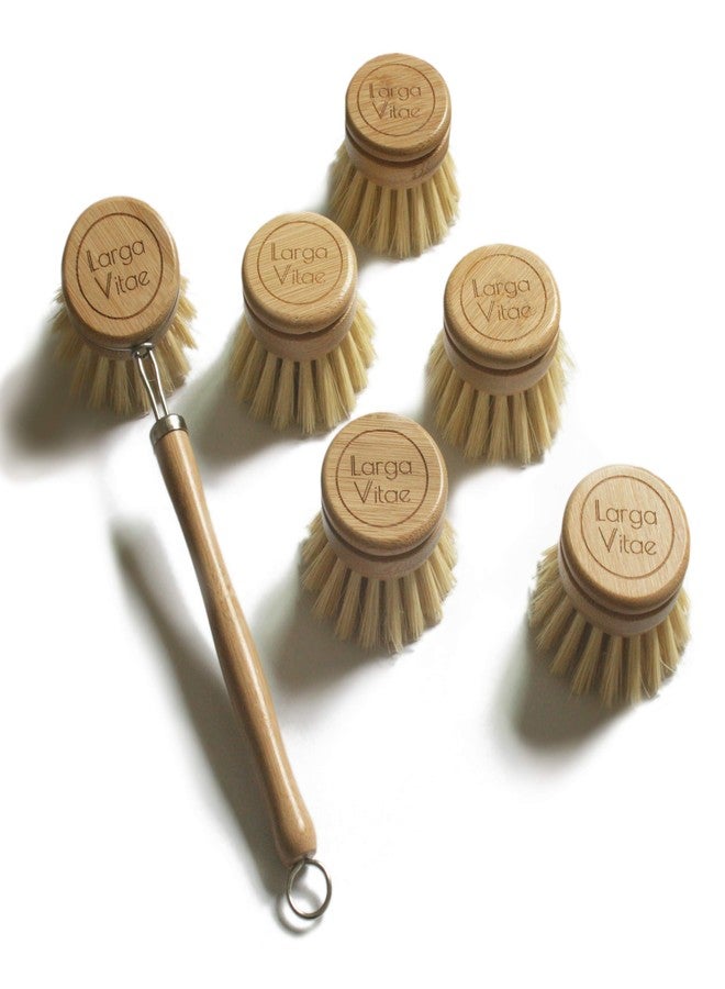 Larga Vitae Wooden Dish Brush Made of Renewable Bamboo Wood and Natural Bristle Tampico Fiber, includes 5 Replacement Brush Heads, Durable, Long Lasting, All Purpose Kitchen Scrubber - Image 1