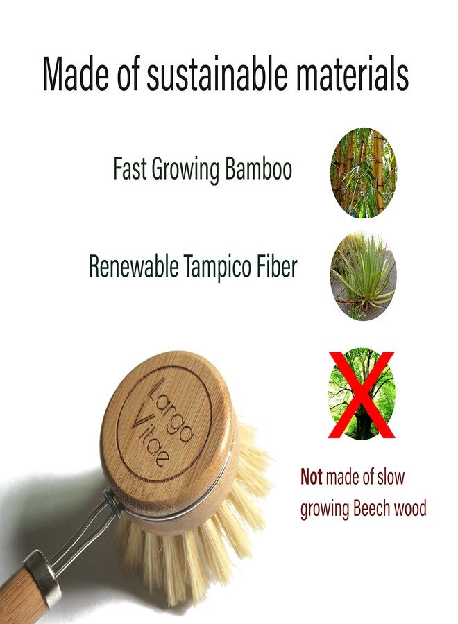 Larga Vitae Wooden Dish Brush Made of Renewable Bamboo Wood and Natural Bristle Tampico Fiber, includes 5 Replacement Brush Heads, Durable, Long Lasting, All Purpose Kitchen Scrubber - Image 3