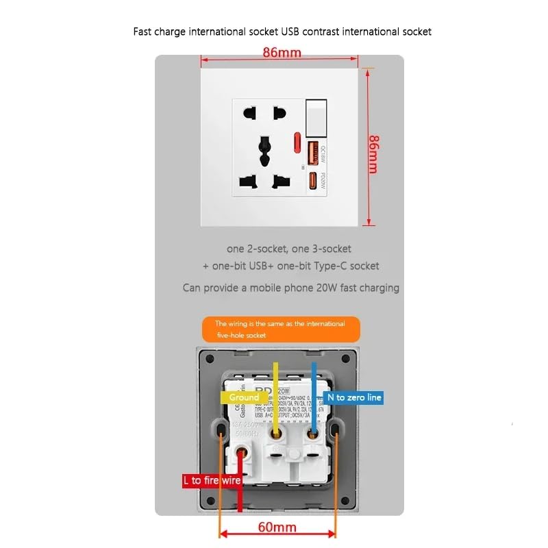 ELECTRO WOLF Charging USB 18W Charging Type C 20W Power Socket Outlet Multimedia Modular Wall Face Plate Socket Plug Jack Cable or Adapter for Home and Office USBType CPower Outlet - Image 4