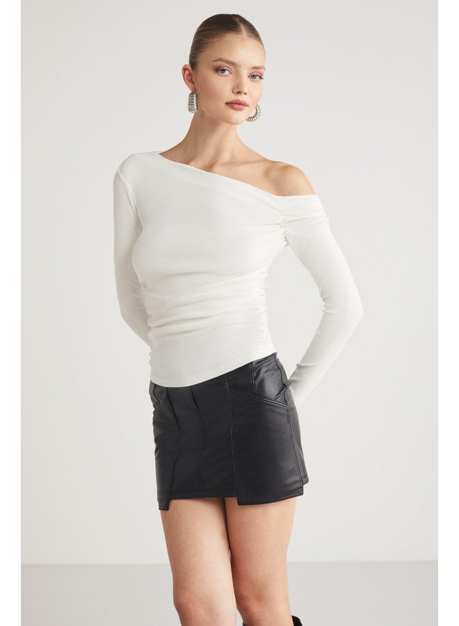 GRIMELANGE Warm Women's Organic Cotton Asymmetrical Collar Pleated Stretch Fabric Beige Blouse. - Image 2