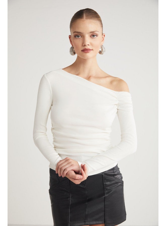 GRIMELANGE Warm Women's Organic Cotton Asymmetrical Collar Pleated Stretch Fabric Beige Blouse. - Image 1