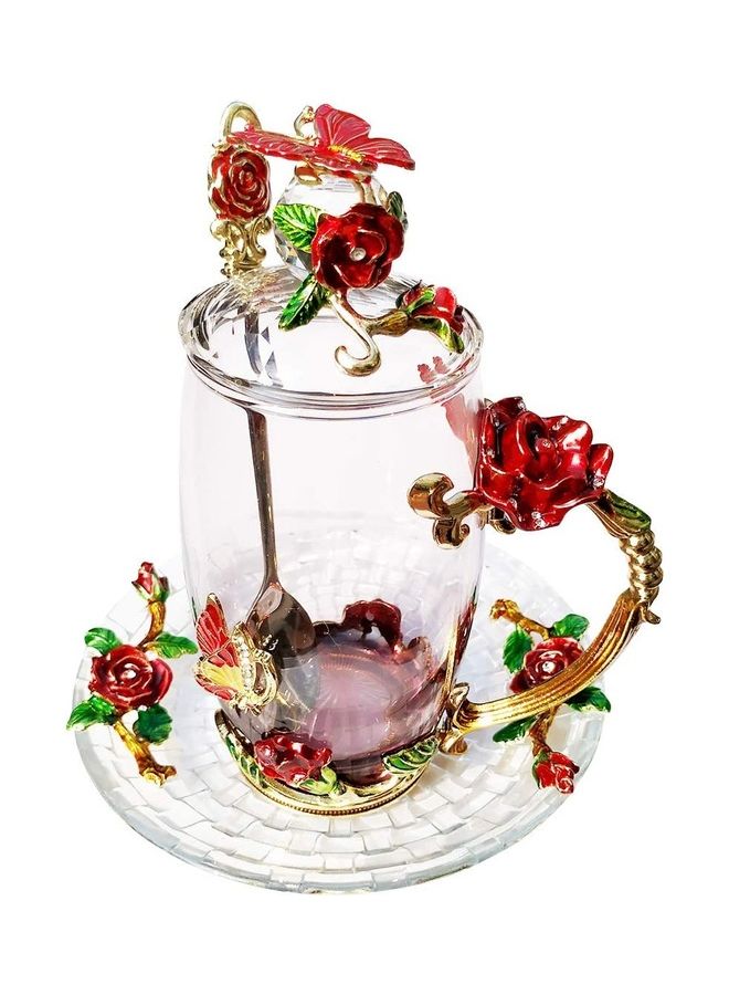 XiuWoo Designer Glass Cup With Lid Spoon And Saucer Multicolour - Image 1