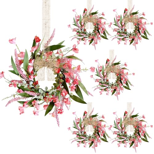 YLOLUL 6 PCS Artificial Spring Summer Swag Wreaths Mini Pink Forsythia Lavender Kitchen Cabinet Wreath Small Floral Hanging Flowers Wreaths for Front Door Wedding Farmhouse Porch Wall Window Tabletop Decor - Image 1