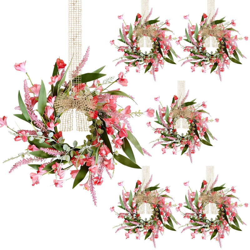 YLOLUL 6 PCS Artificial Spring Summer Swag Wreaths Mini Pink Forsythia Lavender Kitchen Cabinet Wreath Small Floral Hanging Flowers Wreaths for Front Door Wedding Farmhouse Porch Wall Window Tabletop Decor - Image 2