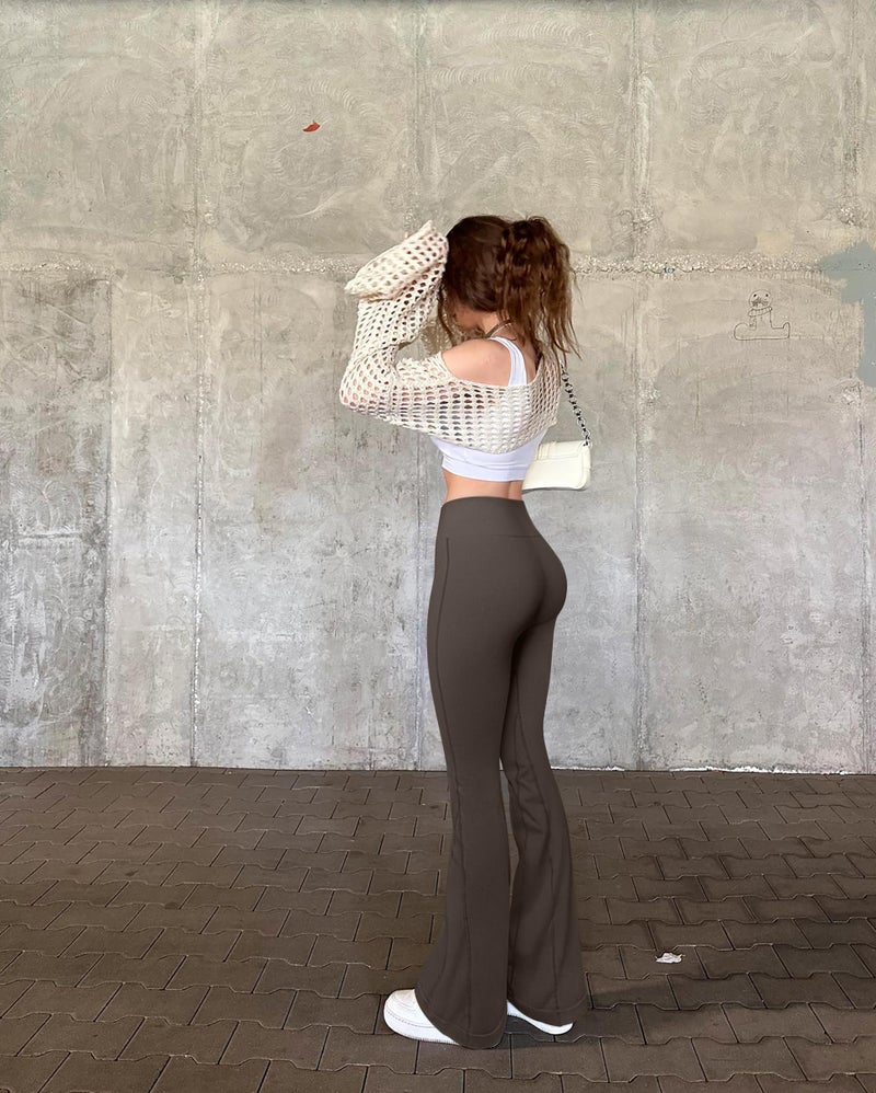 OQQ Women's Flared Pants High Waisted Yoga Leggings Stretchy Bell Buttom Wide Leg Tea Leaf - Image 5