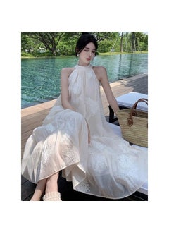 French Gentle Style Off-Shoulder Hanging Neck Dress Summer Princess Beach Vacation Long Skirt Street Trend Pure Color Print A-Line Gown Apricot