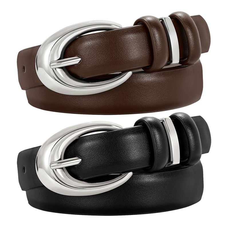 TRIWORKS 2 Pack Women Leather Belt for Jeans Pants Fashion Ladies Skinny Faux Leather Belt with Silver Buckle - Image 1