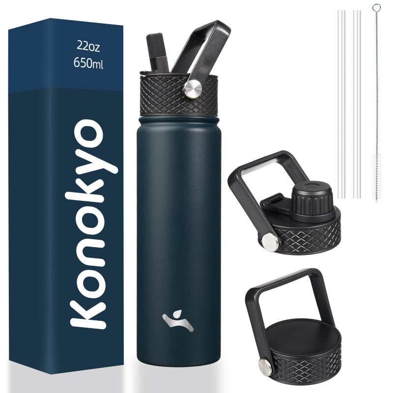 Konokyo 22oz Stainless Steel Bottles with 3 Lids Sport Insulated Water BottleNavy Blue