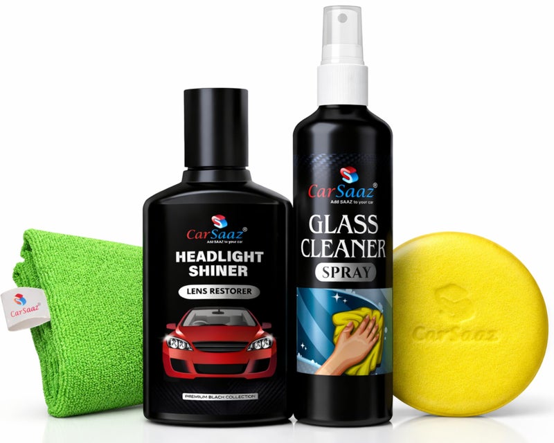 CAR SAAZ Car Headlight Cleaning Kit | Headlight Shiner & Glass Cleaner Combo with Applicator Pad & Microfiber Cloth | Complete Restoration & Shining Kit for Vehicles Glass and Headlights - Image 1