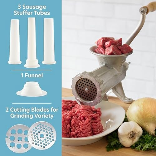 CucinaPro Cast Iron Table Mount Meat Grinder- Manual Mincer Includes Two 3/4" Cutting Disks & Sausage Stuffer Funnel, Heavy Duty- Homemade Ground Beef Burgers, Easy to Use Holiday Cooking Tool, Gift for Him Her - Image 2