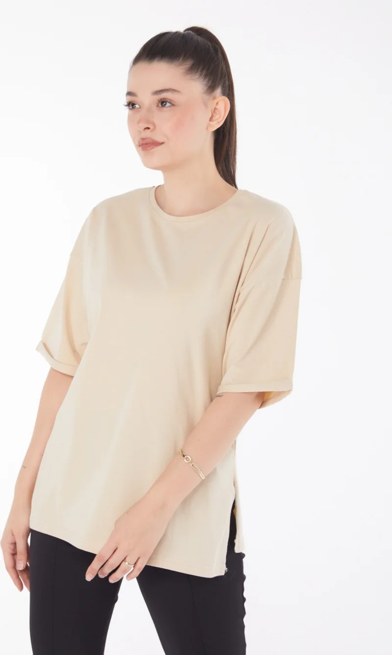 Tofisa Plain Crew Neck Women's Beige T-Shirt - 25850