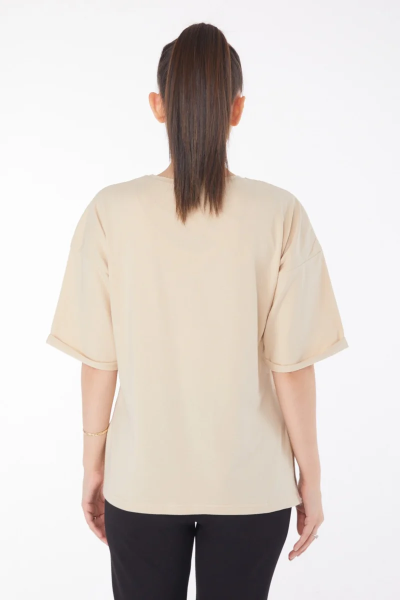 Tofisa Plain Crew Neck Women's Beige T-Shirt - 25850