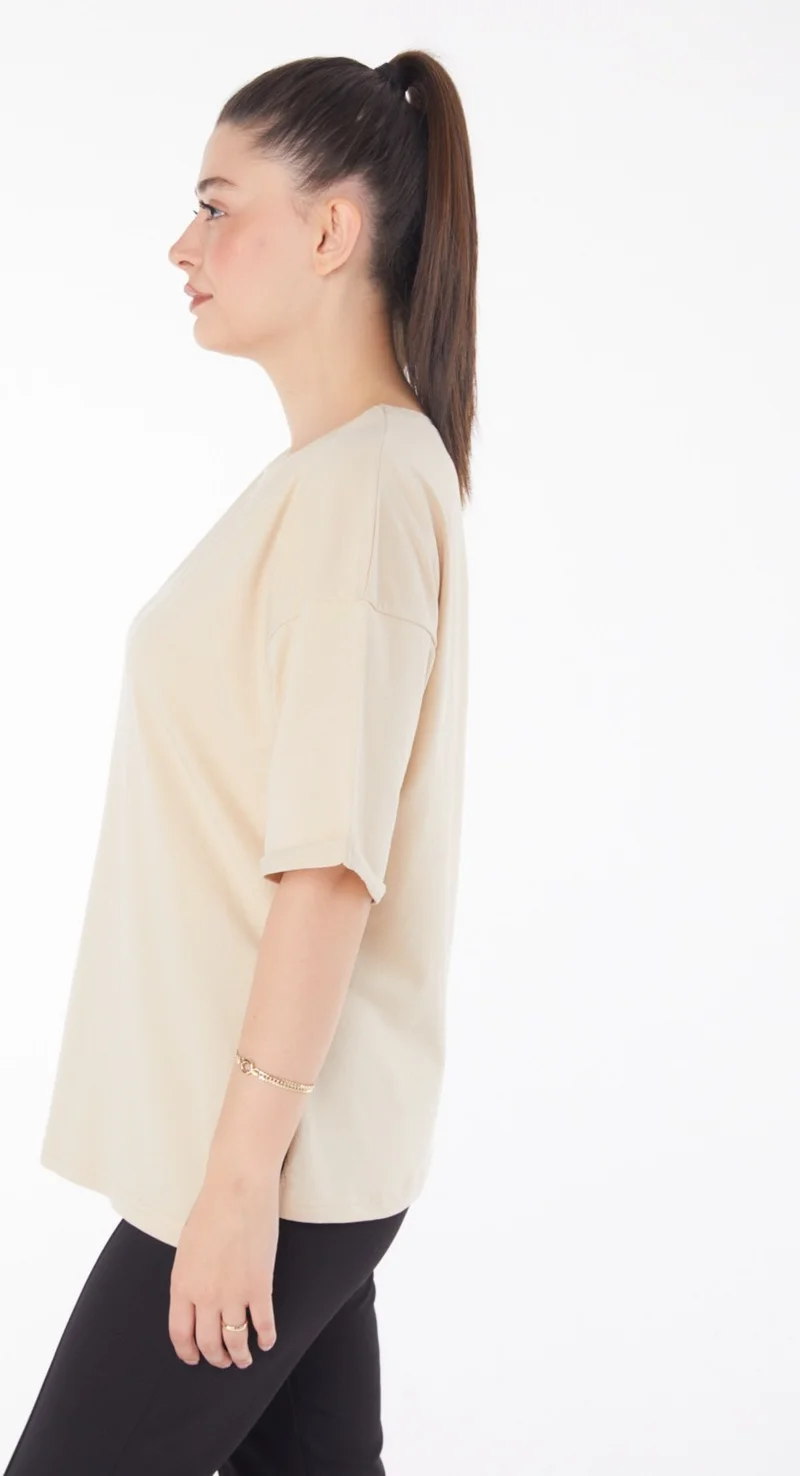 Tofisa Plain Crew Neck Women's Beige T-Shirt - 25850