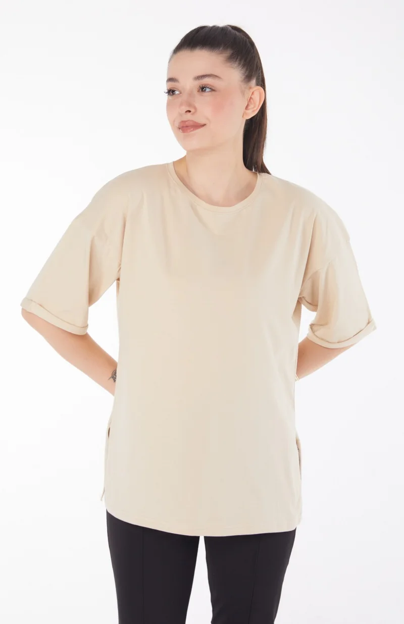 Tofisa Plain Crew Neck Women's Beige T-Shirt - 25850