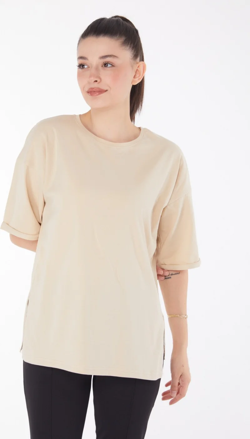 Tofisa Plain Crew Neck Women's Beige T-Shirt - 25850