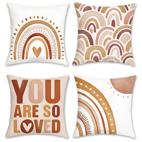 Bonhause Boho Rainbow Throw Pillow Covers 18x18 Set of 4 Inspirational Quote Heart Decorative Pillows Soft Velvet Cushion Covers for Girls Kids Bedroom Nursery Decor - Image 1