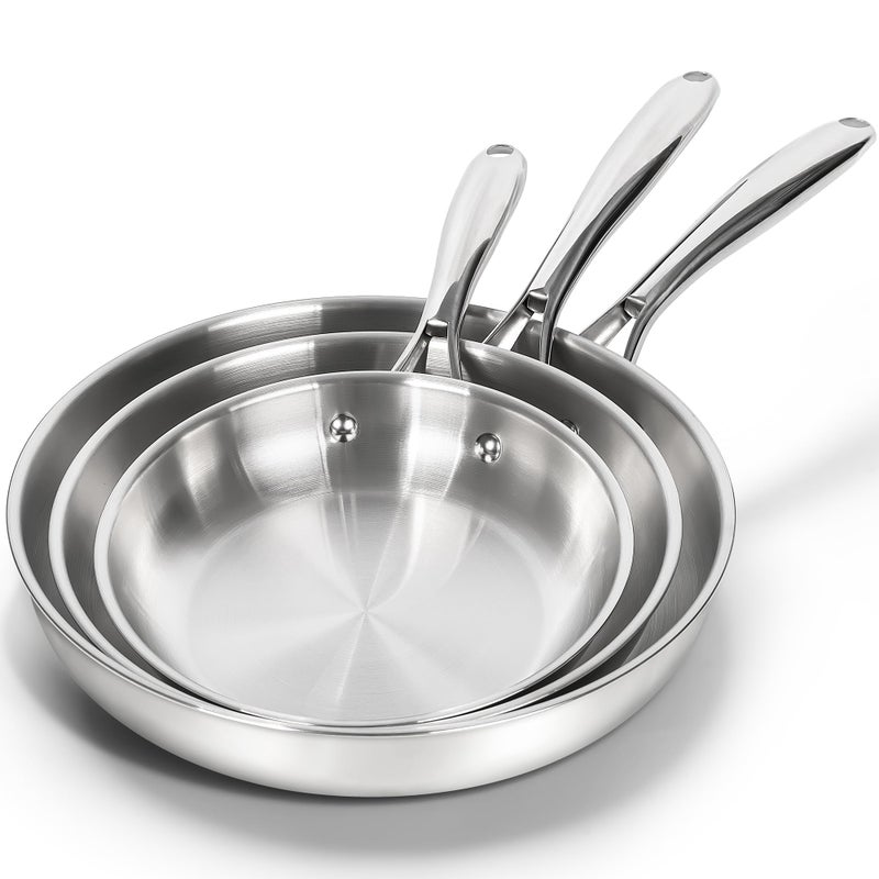 MICHELANGELO 1810 Stainless Steel Frying Pan Set 8 95 11 Cooking Pans Triply Base Stainless Steel Pan Set with Ergonomic Handle Induction Compatible