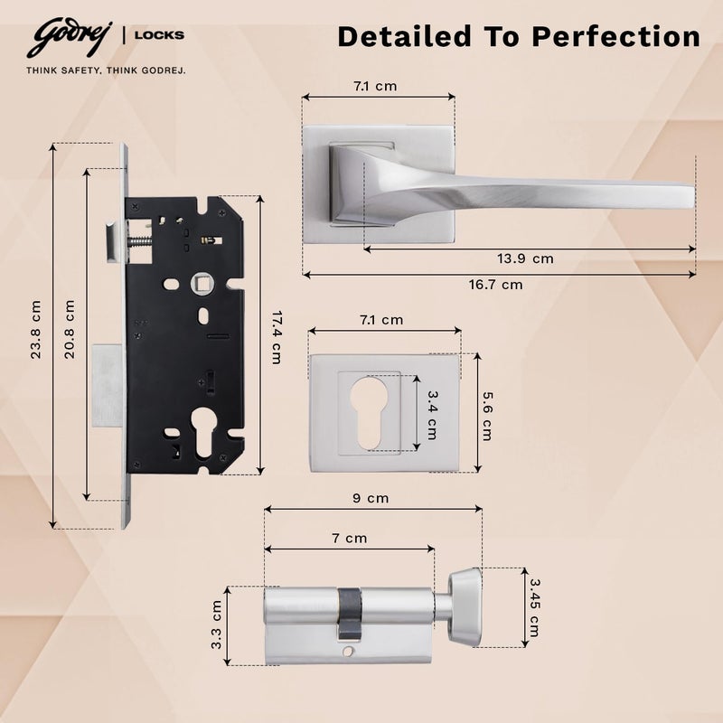 Godrej Locking Solutions and Systems Godrej Mortise Lock Handle Lock Set for Main Bedroom Door Twist Rossette Home Dcor Handle Satin Steel Finish 9 Inch Lockbody 70 mm 1CK Cylinder Knob from Inside with 4 Keys  - Image 2