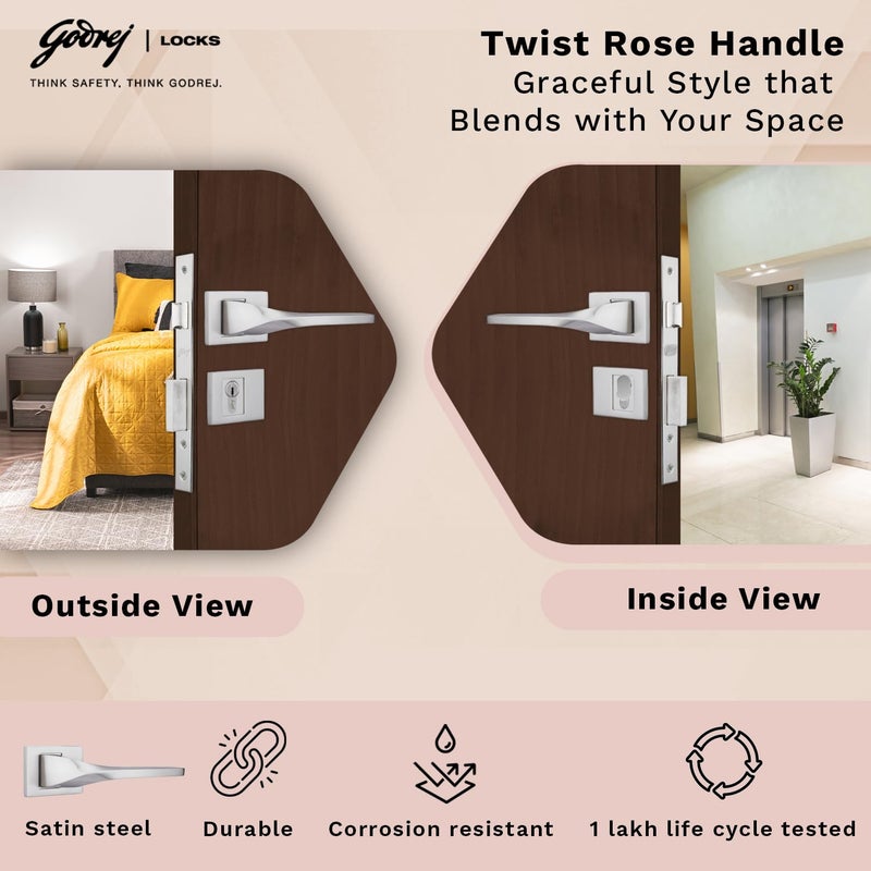 Godrej Locking Solutions and Systems Godrej Mortise Lock Handle Lock Set for Main Bedroom Door Twist Rossette Home Dcor Handle Satin Steel Finish 9 Inch Lockbody 70 mm 1CK Cylinder Knob from Inside with 4 Keys  - Image 3