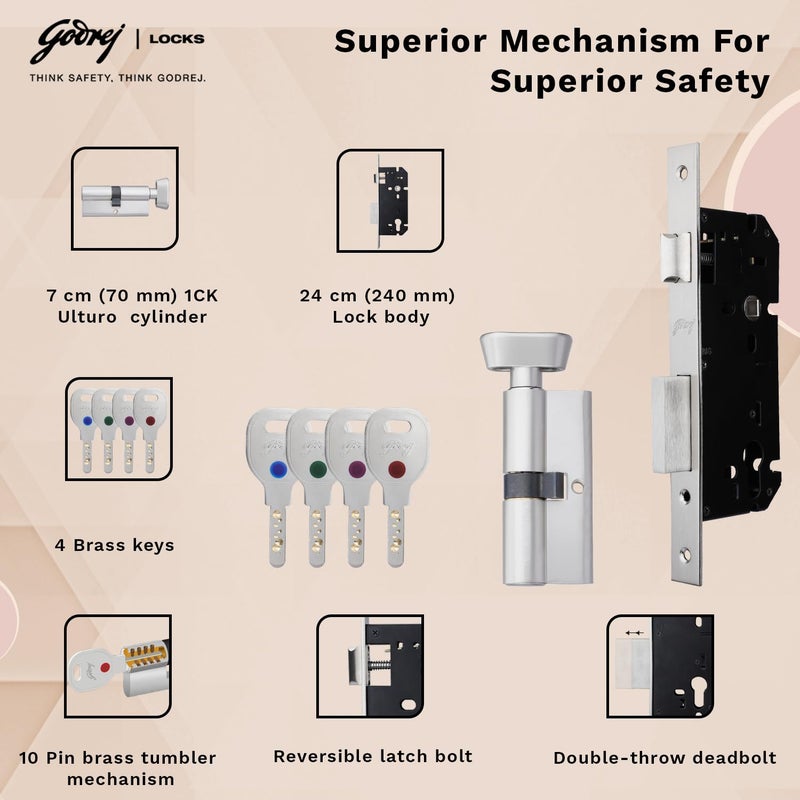 Godrej Locking Solutions and Systems Godrej Mortise Lock Handle Lock Set for Main Bedroom Door Twist Rossette Home Dcor Handle Satin Steel Finish 9 Inch Lockbody 70 mm 1CK Cylinder Knob from Inside with 4 Keys  - Image 4