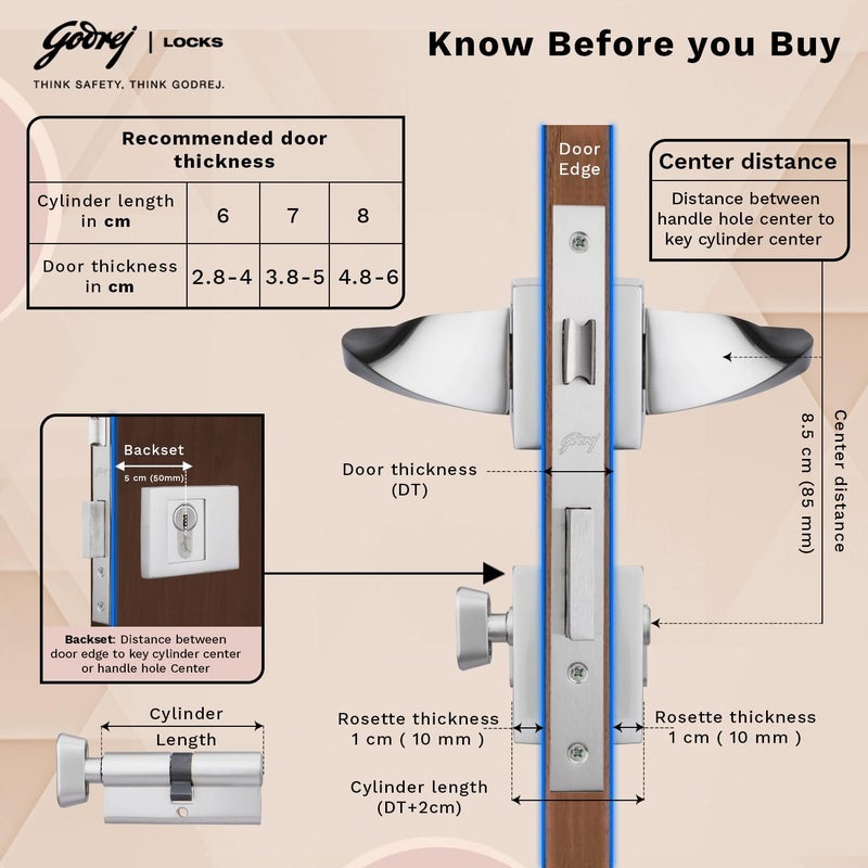 Godrej Locking Solutions and Systems Godrej Mortise Lock Handle Lock Set for Main Bedroom Door Twist Rossette Home Dcor Handle Satin Steel Finish 9 Inch Lockbody 70 mm 1CK Cylinder Knob from Inside with 4 Keys  - Image 5