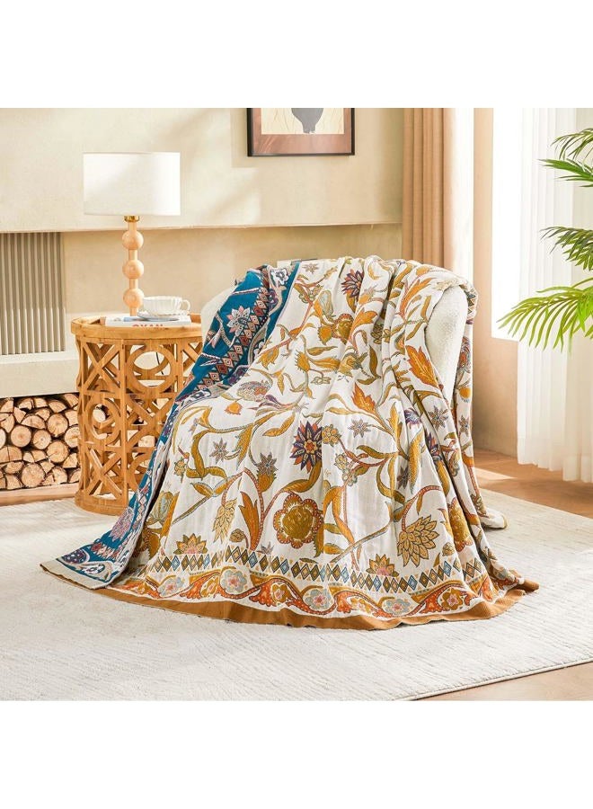 XIBLC Fall Throw Blanket for Couch, Brown Boho Decorative Throw Blanket, 100% Cotton Muslin Breathable Woven Farmhouse Blankets Quilt, 80"x90" Reversible Lightweight Blankets Bohemian Throw Quilt - Image 2