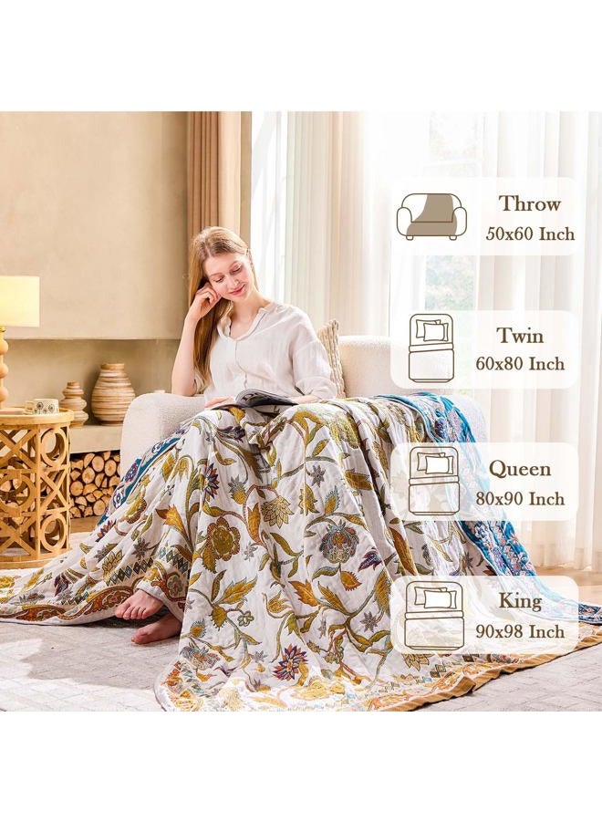 XIBLC Fall Throw Blanket for Couch, Brown Boho Decorative Throw Blanket, 100% Cotton Muslin Breathable Woven Farmhouse Blankets Quilt, 80"x90" Reversible Lightweight Blankets Bohemian Throw Quilt - Image 3
