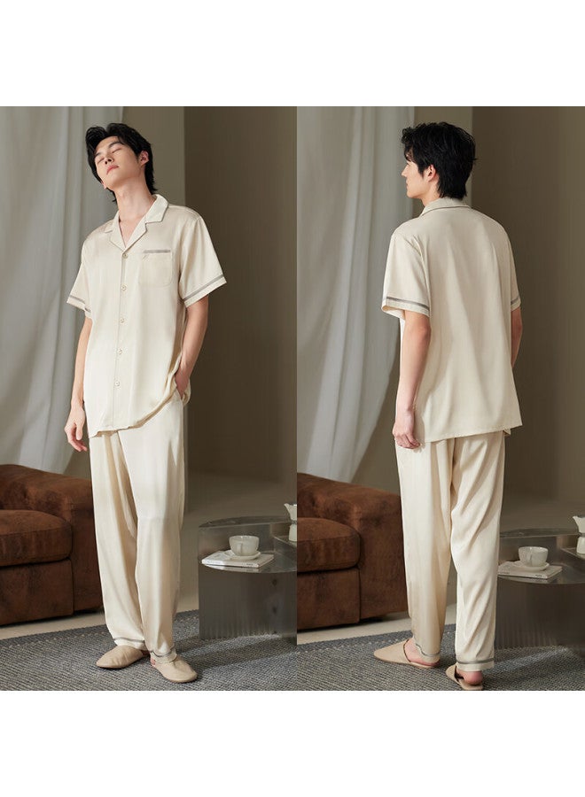 Xuanliang Men's Ice Silk Short Sleeve And Long Pants Pajama Set, Wearable Faux Silk Large Size Loungewear