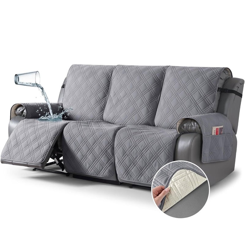 TAOCOCO Waterproof Recliner Sofa Cover Non Slip Split Recliner Couch Cover with Elastic Straps Pocket Washable Reclining Sofa Cover Furniture Protector for Kids Dogs Pets3 Seater Light Gray - Image 1