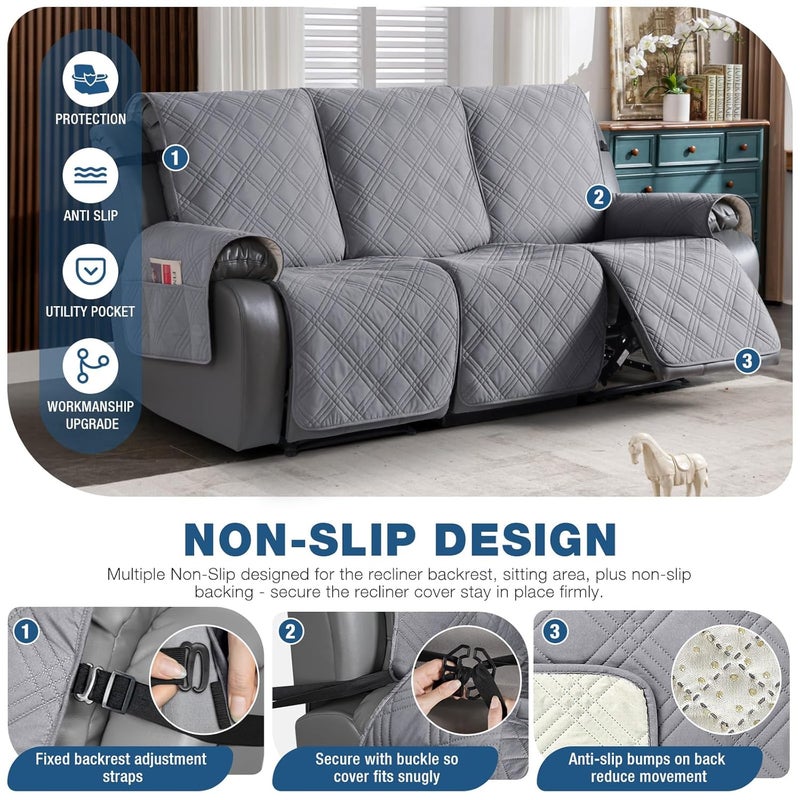 TAOCOCO Waterproof Recliner Sofa Cover Non Slip Split Recliner Couch Cover with Elastic Straps Pocket Washable Reclining Sofa Cover Furniture Protector for Kids Dogs Pets3 Seater Light Gray - Image 4