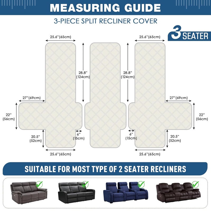 TAOCOCO Waterproof Recliner Sofa Cover Non Slip Split Recliner Couch Cover with Elastic Straps Pocket Washable Reclining Sofa Cover Furniture Protector for Kids Dogs Pets3 Seater Light Gray - Image 5