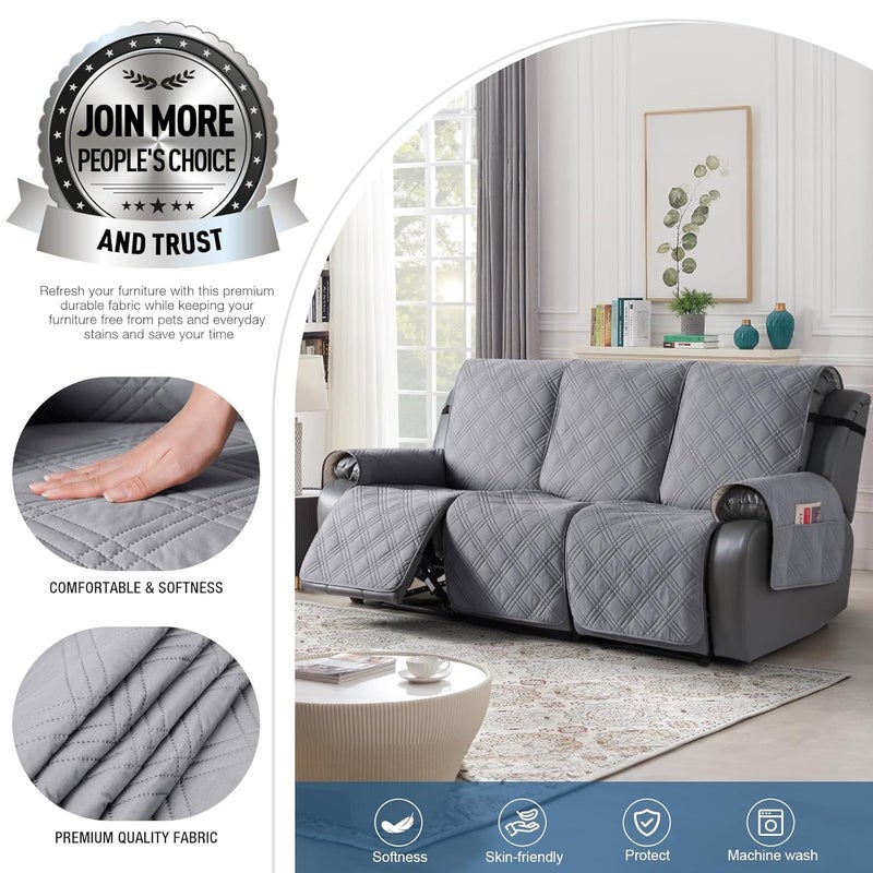 TAOCOCO Waterproof Recliner Sofa Cover Non Slip Split Recliner Couch Cover with Elastic Straps Pocket Washable Reclining Sofa Cover Furniture Protector for Kids Dogs Pets3 Seater Light Gray - Image 2