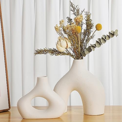 CEMABT White Ceramic Vase Set of 2 for Modern Minimalist Bohemian Decor，Round Matte Donut Vases for Pampas Grass-Perfect for Living Room, Dining Table, Office Bedroom Shelf Decor Entryway, Console - Image 1