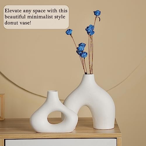 CEMABT White Ceramic Vase Set of 2 for Modern Minimalist Bohemian Decor，Round Matte Donut Vases for Pampas Grass-Perfect for Living Room, Dining Table, Office Bedroom Shelf Decor Entryway, Console - Image 4