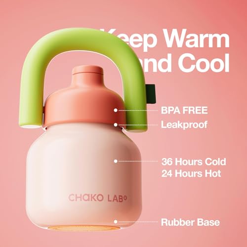 CHAKO LAB Water Bottle with Straw and Carry Handle | Wide Mouth vacuum insulated stainless steel Bottles | Reusable, leak-proof and BPA-free | 33oz (Pink&Green) - Image 2