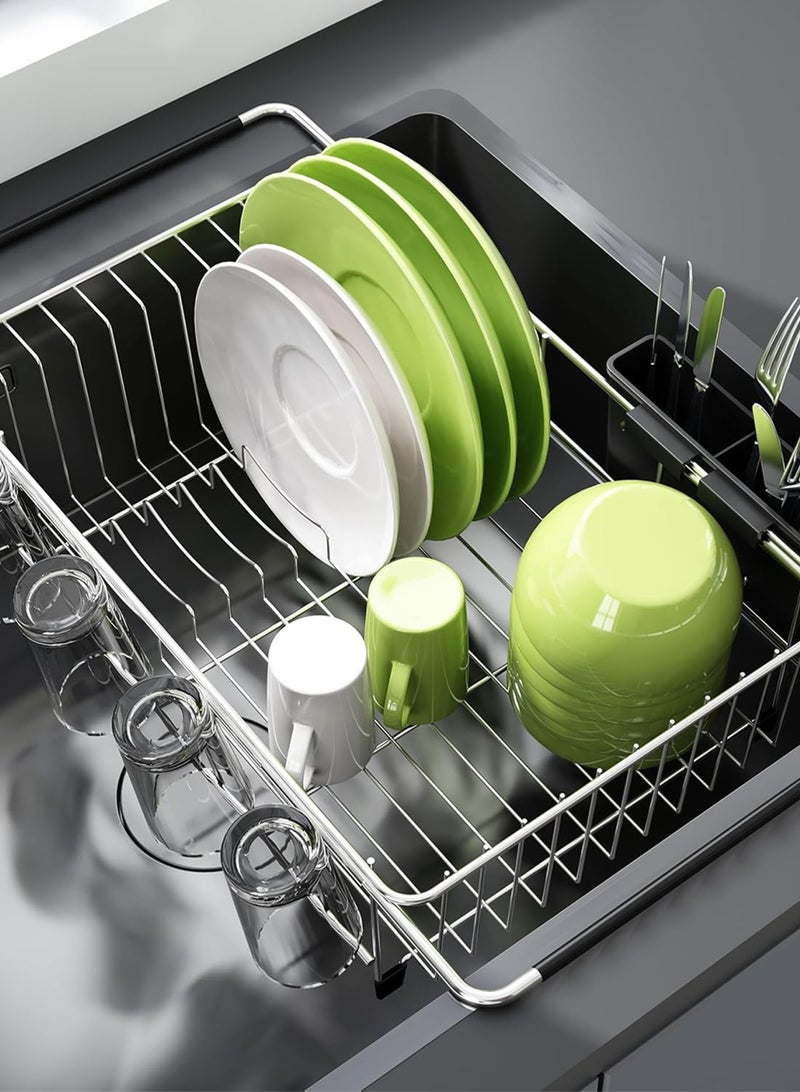 LOOPITYS Dish Drying Rack in Sink, Expandable Stainless Steel Dish Drainers for Kitchen Counter, Dish Dryer Rack for Inside Sink, Over The Sink Dish Racks with Utensil Holder, Silver - Image 1