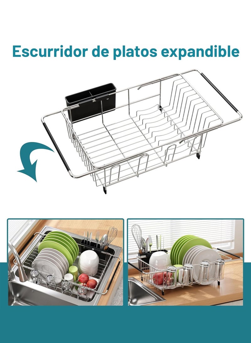 LOOPITYS Dish Drying Rack in Sink, Expandable Stainless Steel Dish Drainers for Kitchen Counter, Dish Dryer Rack for Inside Sink, Over The Sink Dish Racks with Utensil Holder, Silver - Image 3
