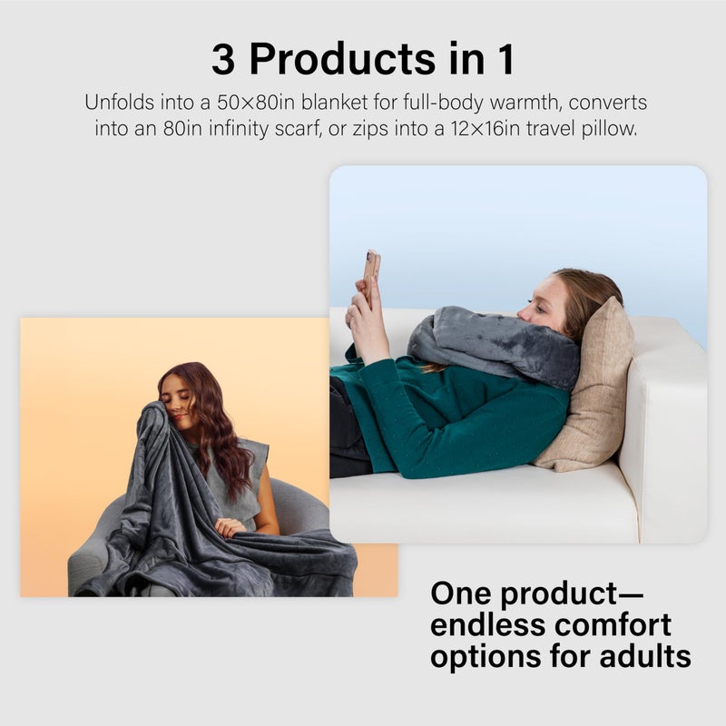 NAPRO 3â€‘inâ€‘1 Travel Blanket and Pillow Combo â€“ Convertible Infinity Scarf â€“ Lightweight Neck Support for Airplane, Car & Camping â€“ Gray - Image 3