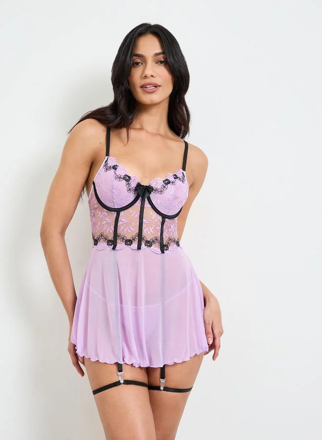 Take Two Purple Lace Trim Slip with Brief and Garter Set