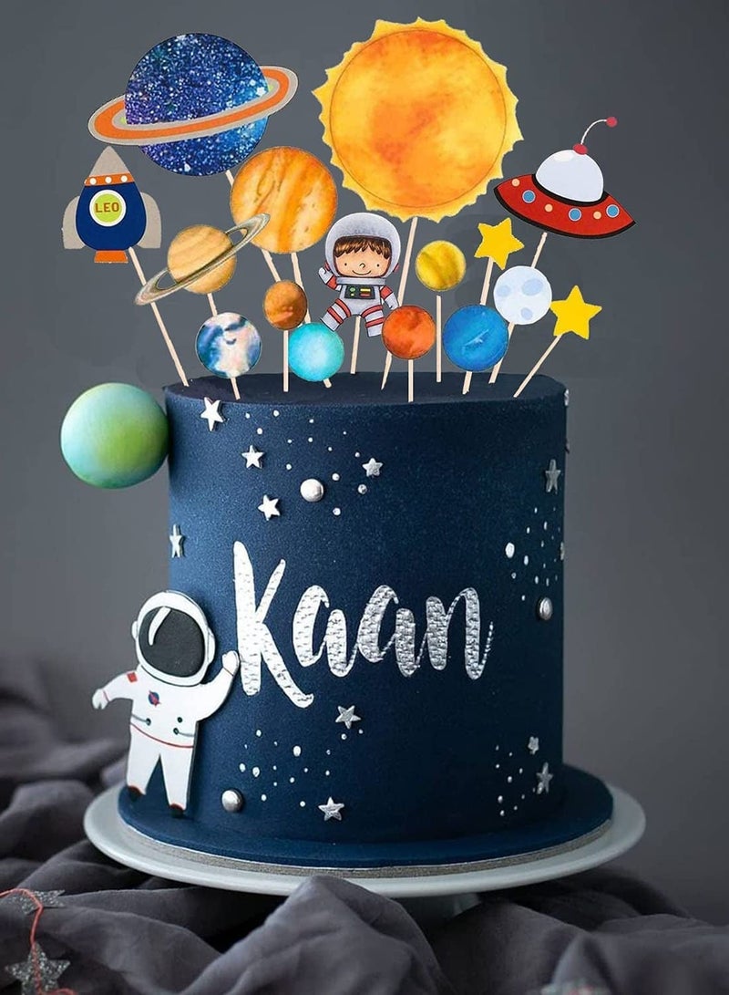 Cake Topper Decoration Set Space Theme Happy Birthday Cake Decorations for Kid boys Personalised Astronaut Cupcake Toppers for 1st 2ed Children Toddlers Birthday Party 16 Pcs - Image 5