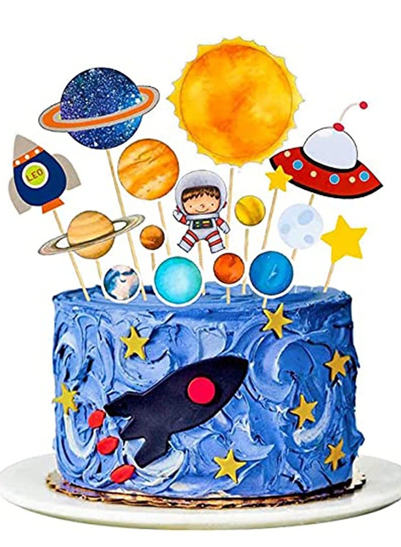 Cake Topper Decoration Set Space Theme Happy Birthday Cake Decorations for Kid boys Personalised Astronaut Cupcake Toppers for 1st 2ed Children Toddlers Birthday Party 16 Pcs - Image 1