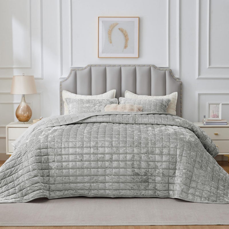 BEDELITE Velvet Quilt Set King Size - Luxury Velvet Comforter Bedding Set 3 Pieces, Lightweight Soft Cozy Shiny Light Grey Oversized Bedspread Coverlet for All Seasons with 2 Pillow Shams - Image 2