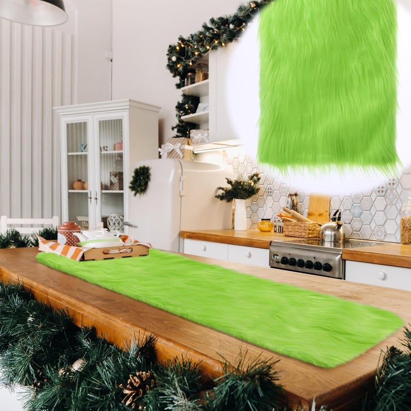 Moukeren مفرش طاولة موكيرين من الفرو الصناعي الطويل 1378 × 4724 بوصة لعيد الميلاد الفاخر مفرش فخم شتوي سجادة زخرفية حديثة لقطعة مركزية لطاولة الطعام أو القهوة للحفلات أعياد الميلاد الزفاف خزانة خضراء - Image 4